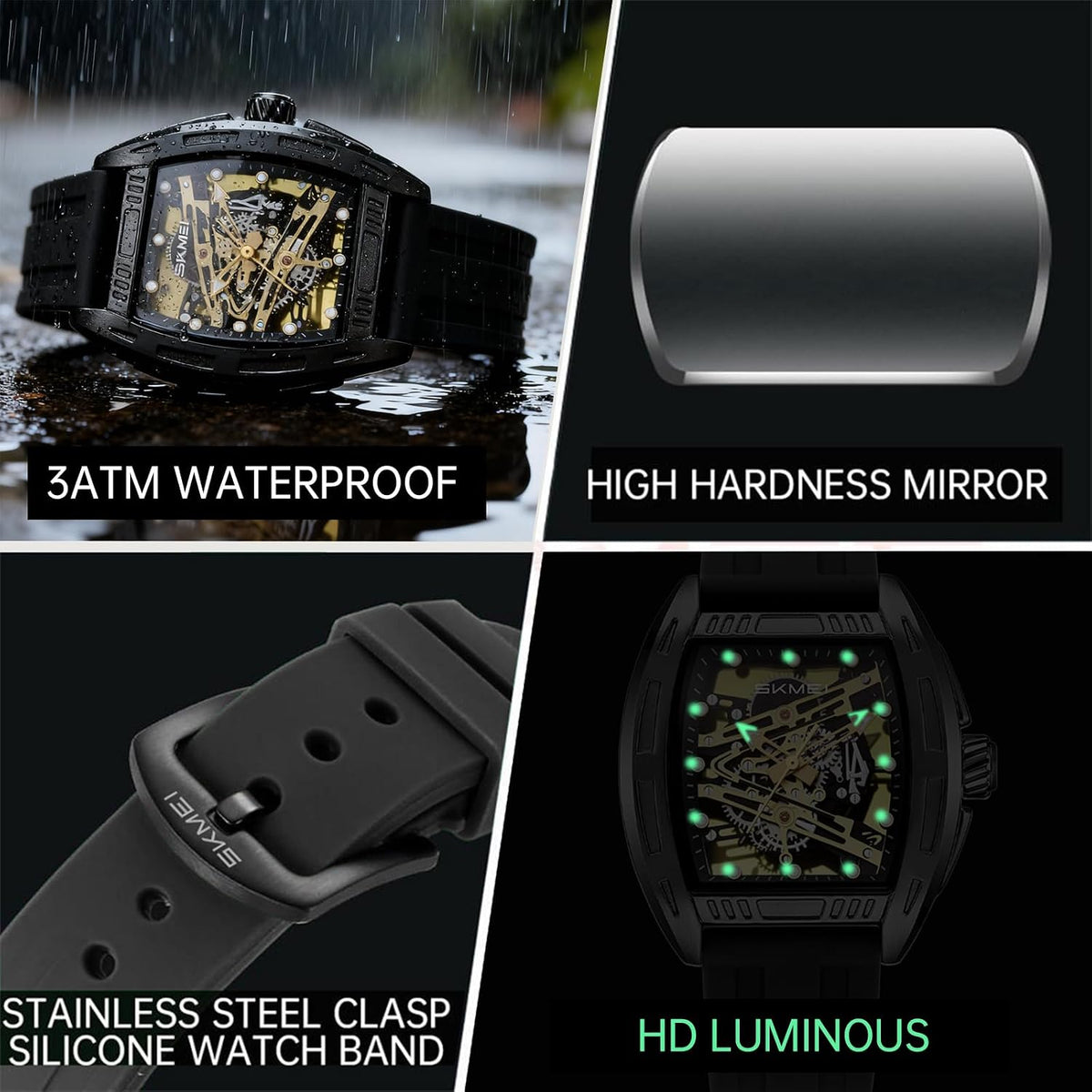 SKMEI Watches for Men,Luxury Square Mechanical Skeleton Mens Watches with 3ATM Waterproof Luminous Silicone Strap Janpanese Movement Wrist Watch